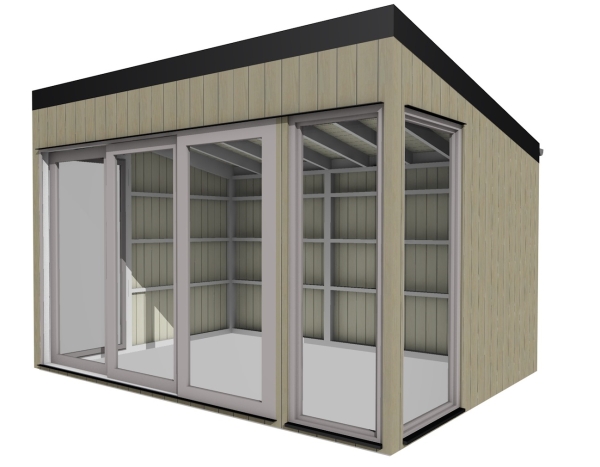 Modernes Gartenbüro aus Holz mit großzügigen Glasflächen